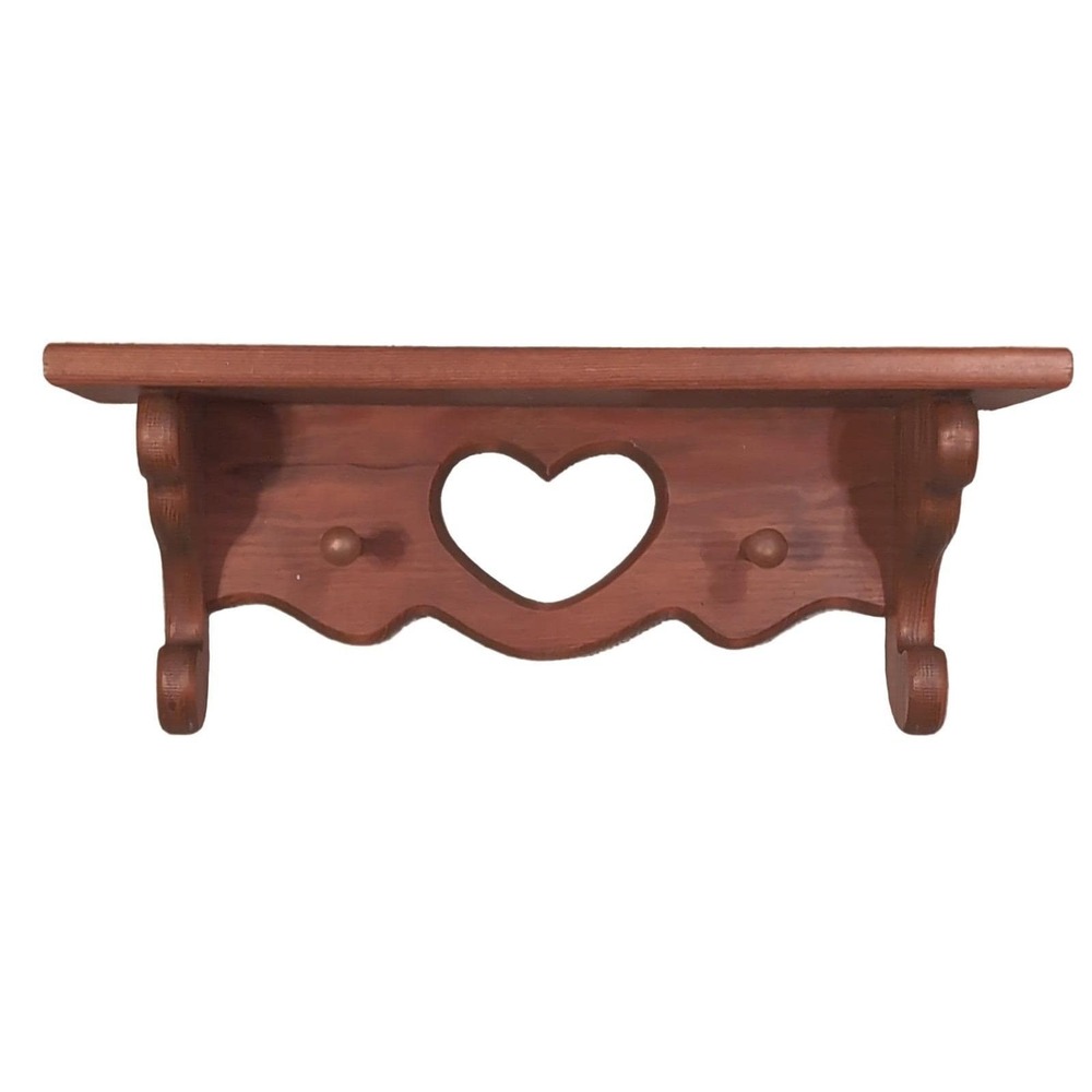 Heart Cutout Wall Shelf Wood Brown 19" Country Decor Pegs Sawtooth Hangers